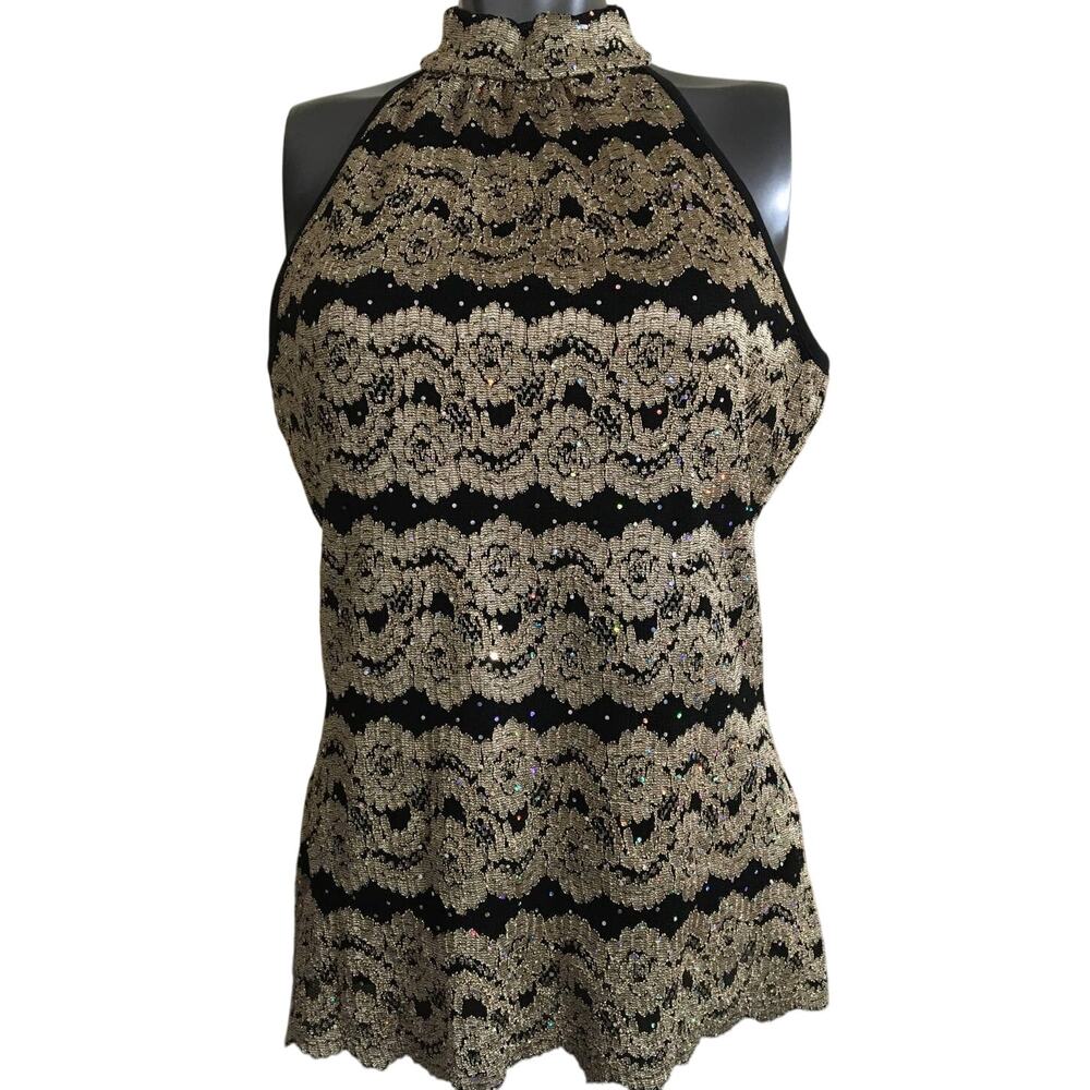 Nue Options Large Black & Tan Lace W Sequins Top, Scalloped Hem, Choker Collar